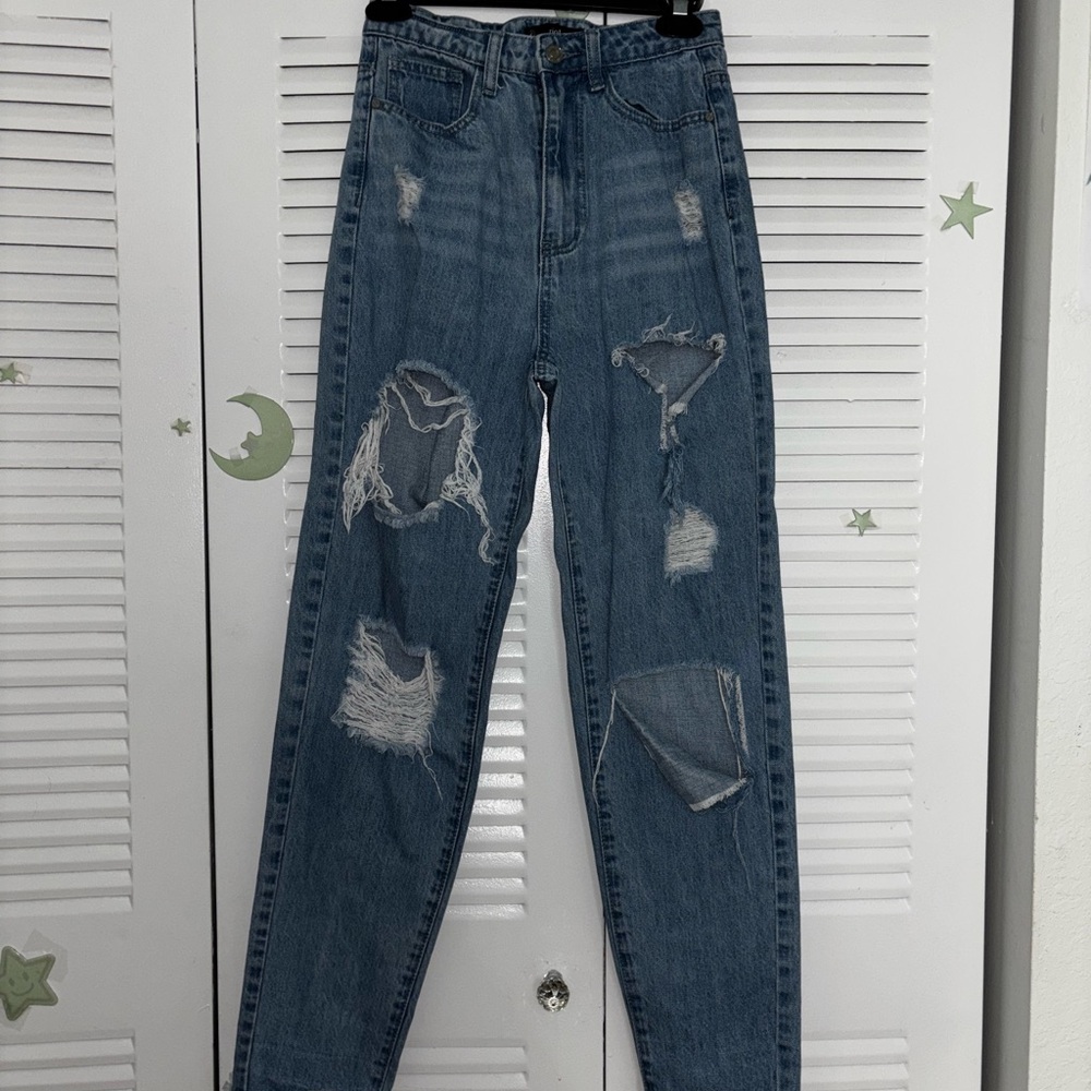 Riot Society Blue High Rise Distressed Jeans
